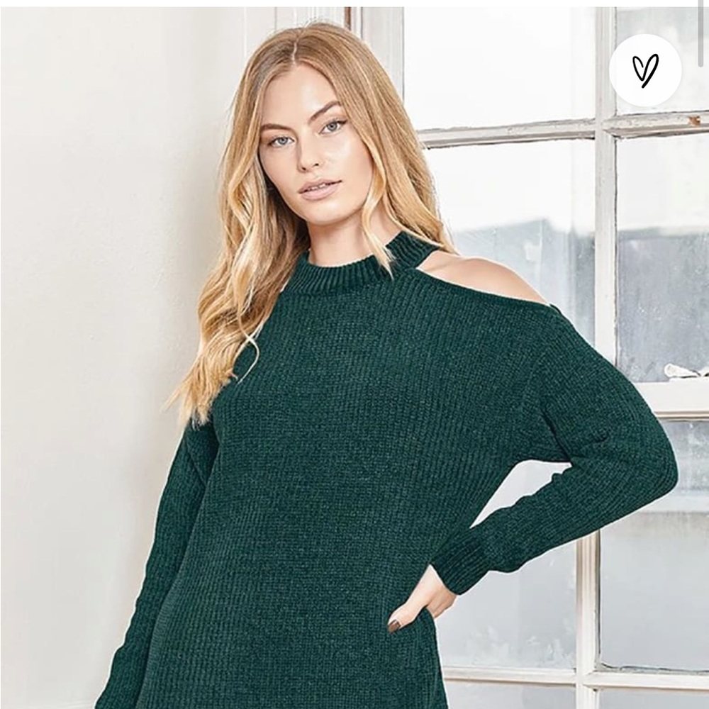 Cozy Scene Emerald Green Chenille Cold Shoulder Sweater Dress